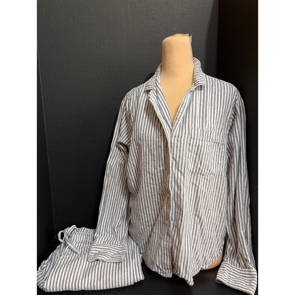 Gap Body Gray White Striped Cotton Flannel Pajama Set Size M Button Front